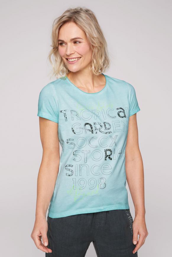 T-Shirt mit Print und Metallsteinchen exotic aqua