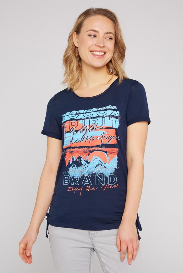 T-Shirt mit Print und seitlichen Raffungen horizon navy