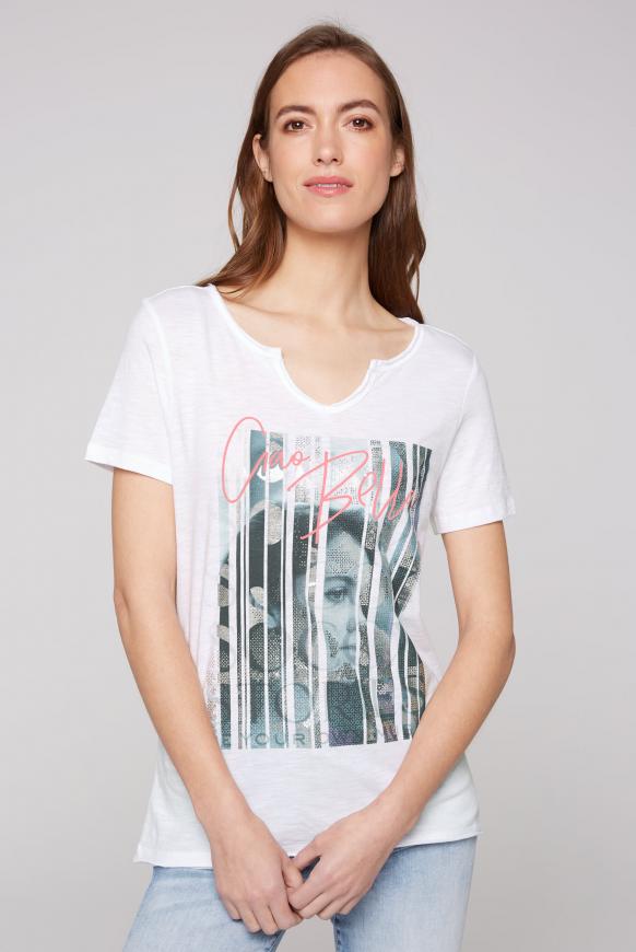 T-Shirt mit Used-Kanten und Artwork opticwhite