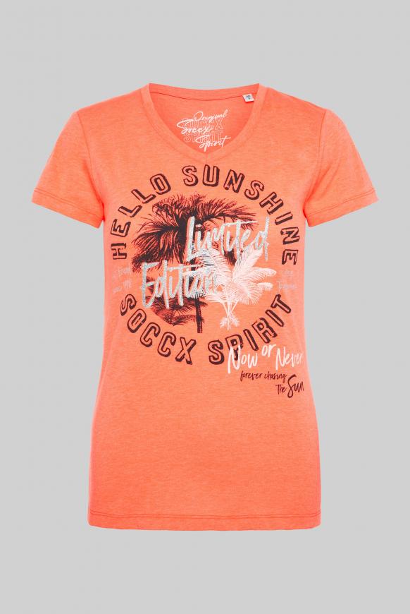 T-Shirt mit V-Ausschnitt und Artwork neon orange