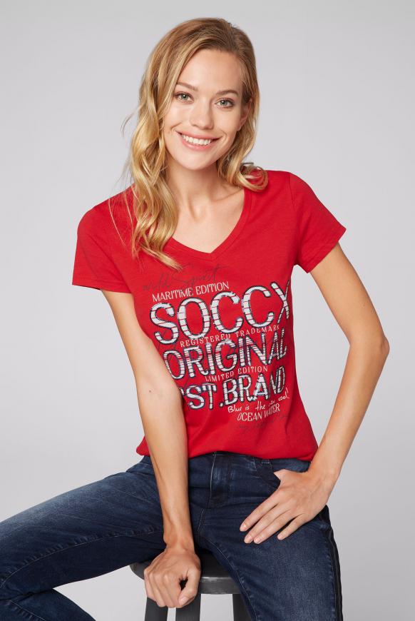 T-Shirt mit V-Ausschnitt und Artwork royal red