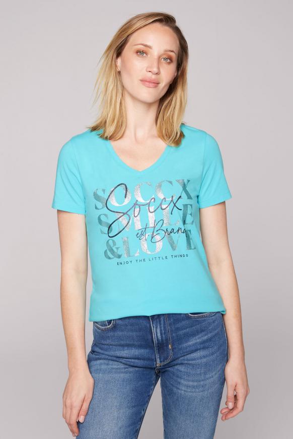T-Shirt mit V-Ausschnitt und Artwork lagoon blue
