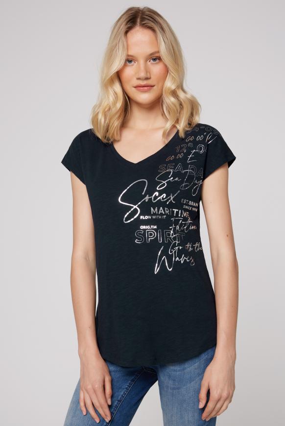 T-Shirt mit V-Ausschnitt und Folienprint