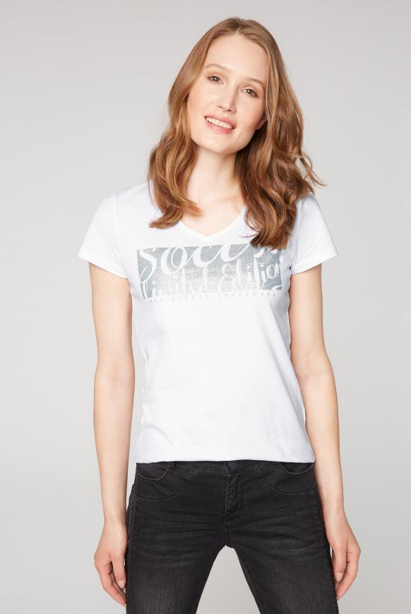 T-Shirt mit V-Ausschnitt und Glitter Print