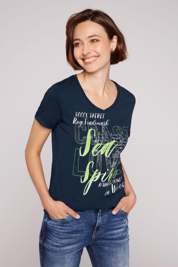 T-Shirt mit V-Ausschnitt und Glitter Print blue navy