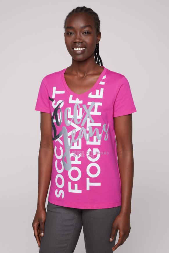 T-Shirt mit V-Ausschnitt und Glitter Puff Print new pink