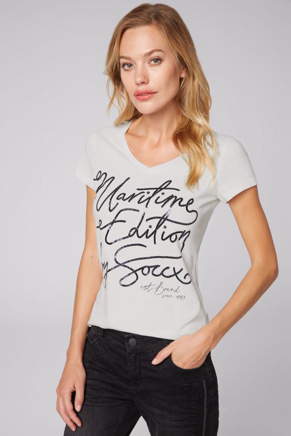 T-Shirt mit V-Ausschnitt und Logo Print ivory