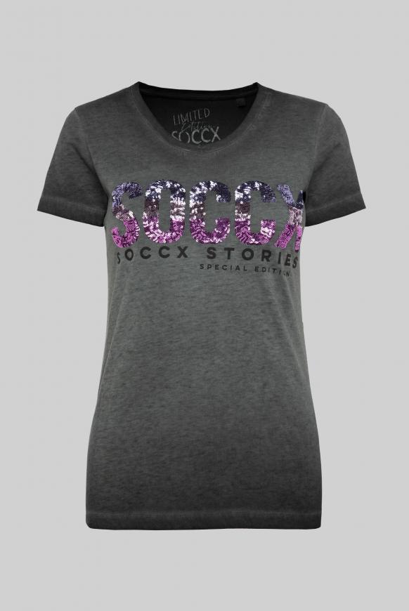 T-Shirt mit V-Ausschnitt und Pailletten-Logo