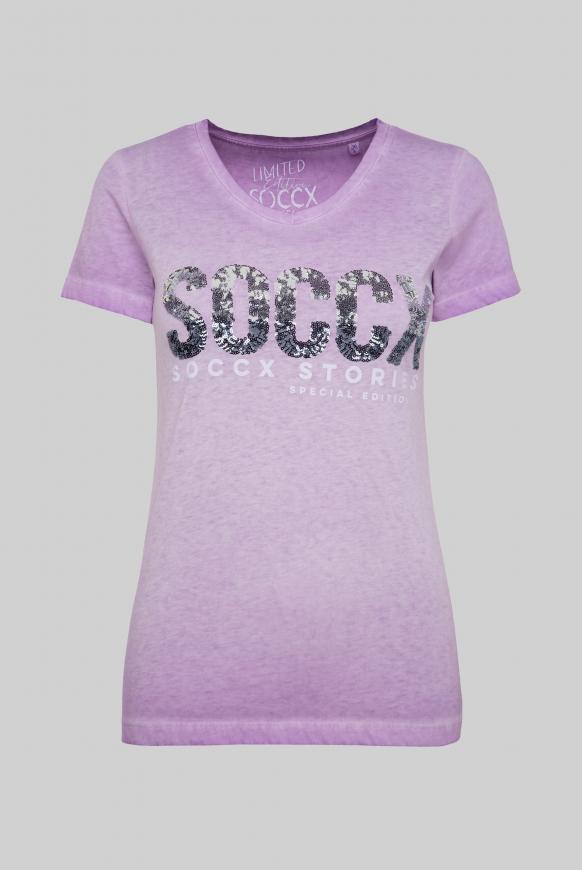 T-Shirt mit V-Ausschnitt und Pailletten-Logo