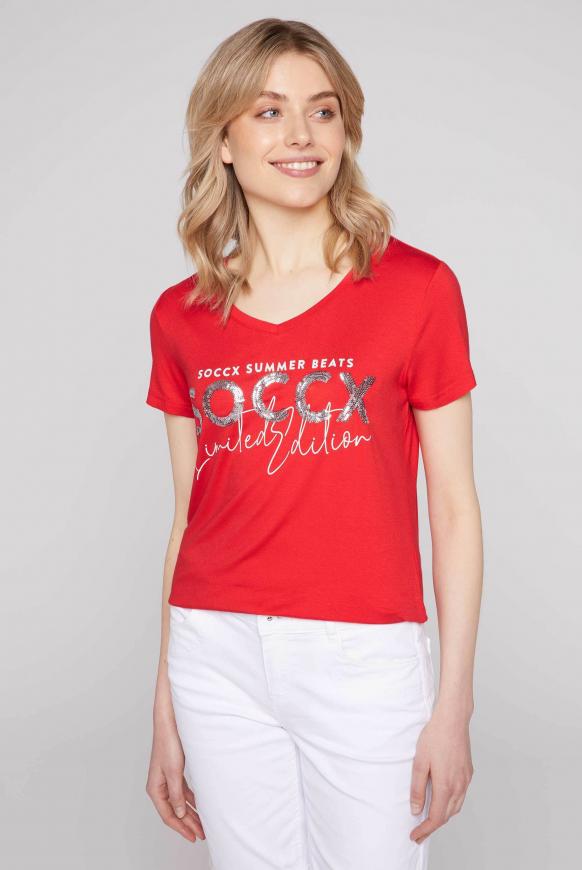 T-Shirt mit V-Ausschnitt und Pailletten-Logo