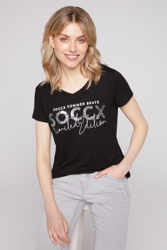 T-Shirt mit V-Ausschnitt und Pailletten-Logo