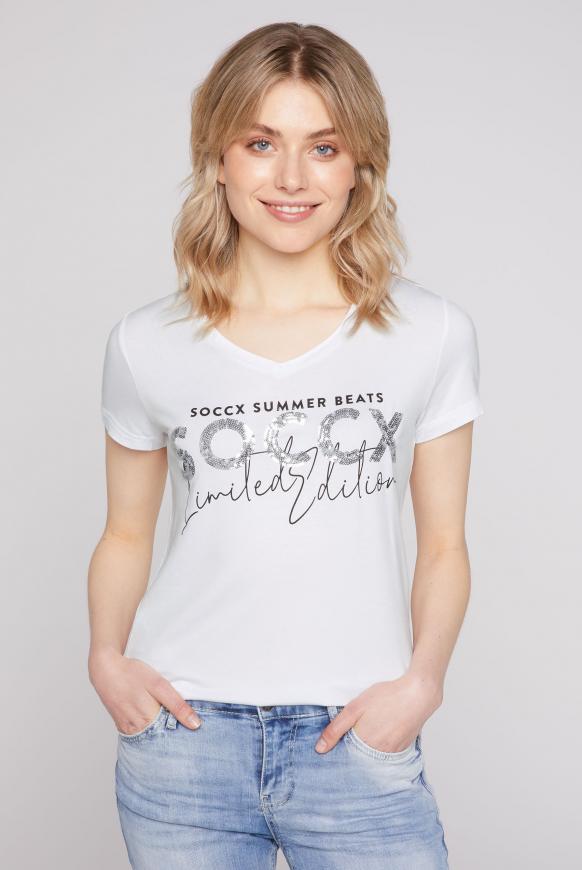 T-Shirt mit V-Ausschnitt und Pailletten-Logo opticwhite