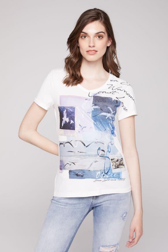 T-Shirt mit V-Ausschnitt und Photoprint ivory