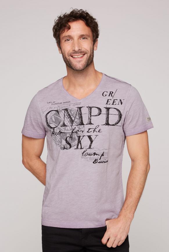 T-Shirt mit V-Ausschnitt und Used Prints french violet
