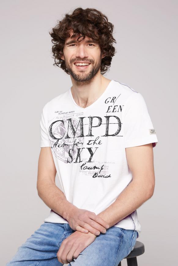 T-Shirt mit V-Ausschnitt und Used Prints opticwhite