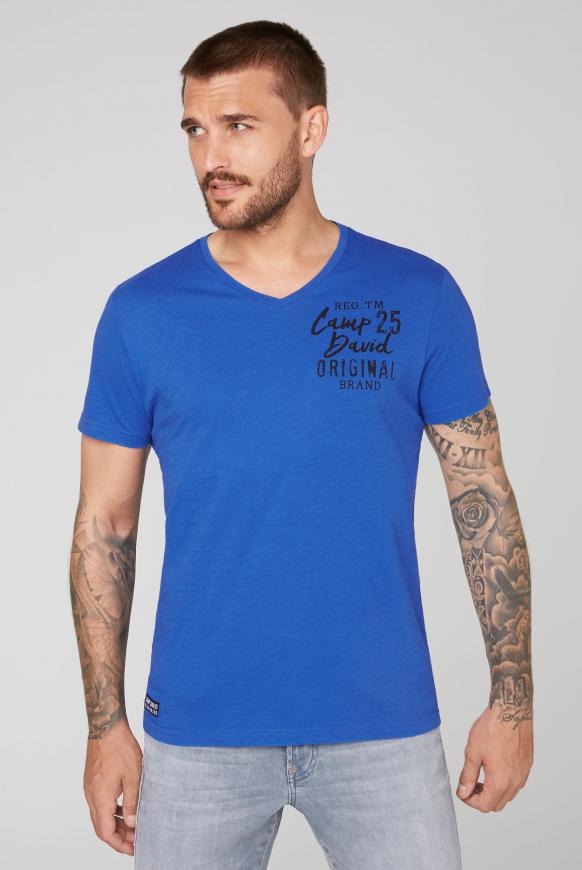 T-Shirt mit V-Neck und Back Print signal blue