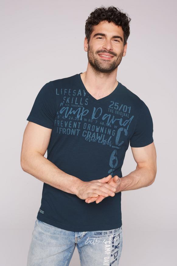 T-Shirt mit V-Neck und Frontprint blue navy