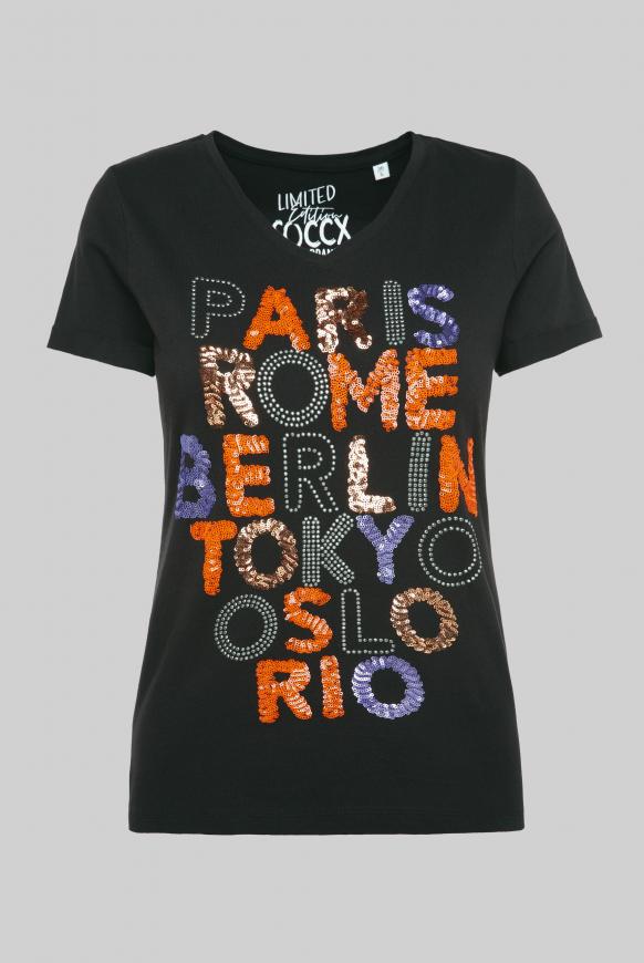T-Shirt mit V-Neck und Pailletten-Wording