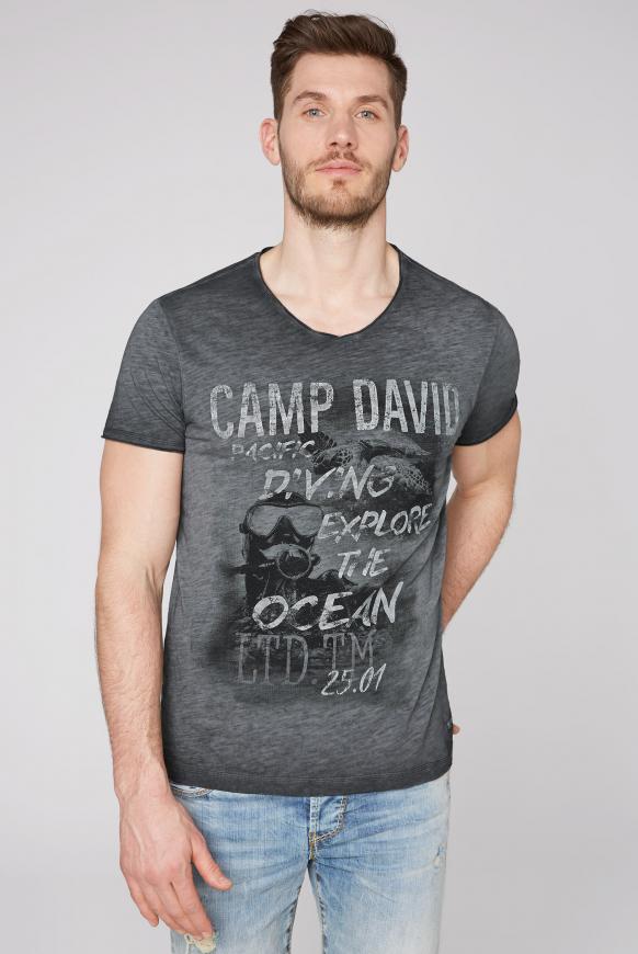 T-Shirt mit V-Neck und Photoprint anthra