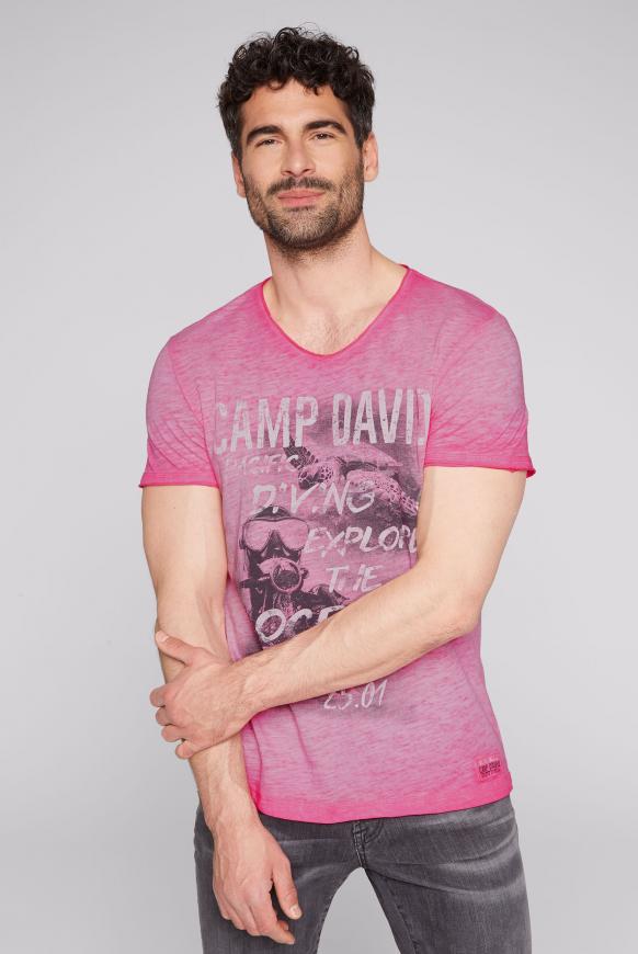 T-Shirt mit V-Neck und Photoprint new pink