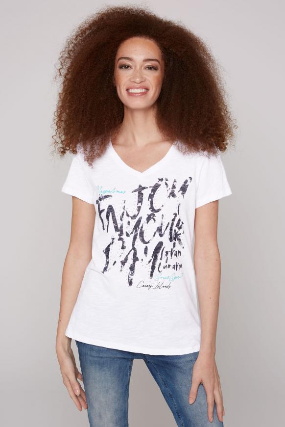 T-Shirt mit V-Neck und Print Artwork opticwhite