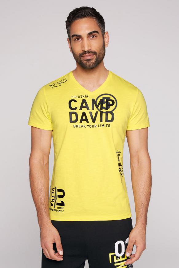 T-Shirt mit V-Neck und Rubber Prints active yellow