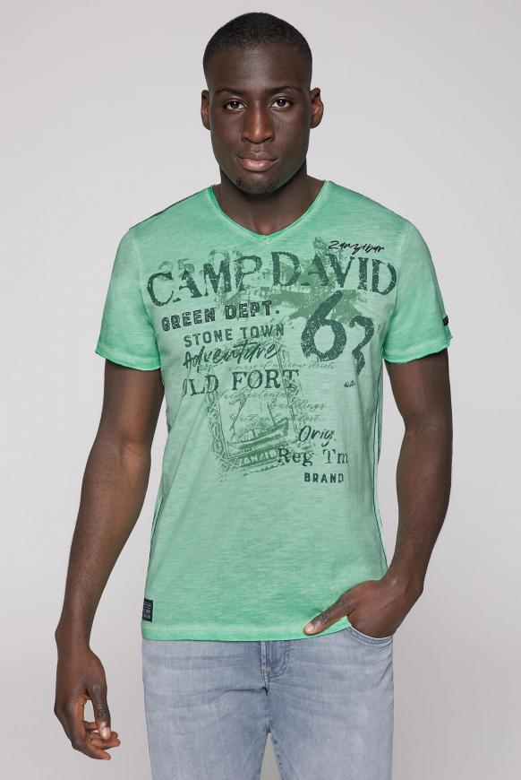 T-Shirt mit V-Neck und Used-Optik sea green