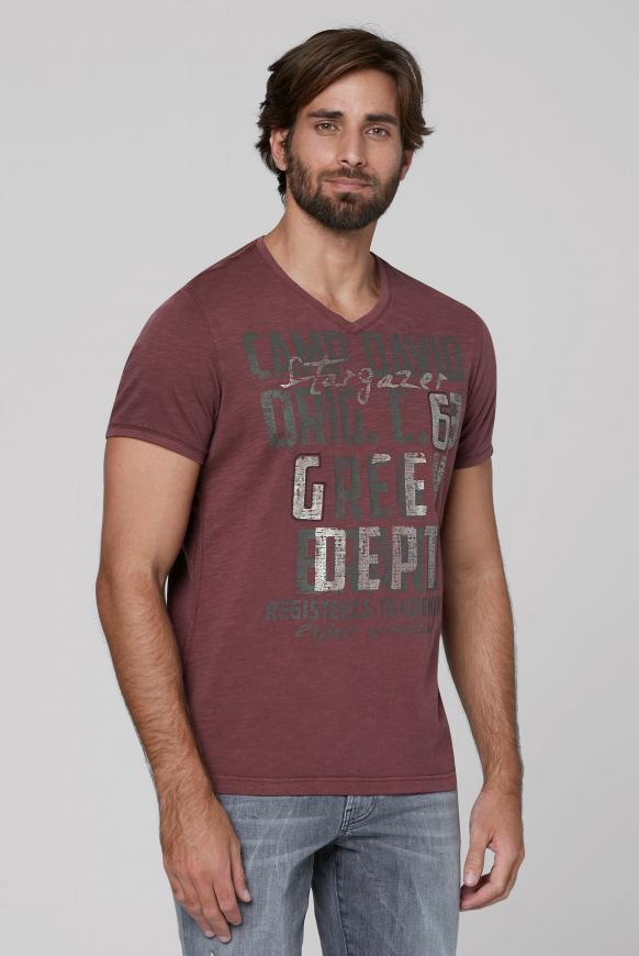 T-Shirt mit V-Neck und Used Print rebel red
