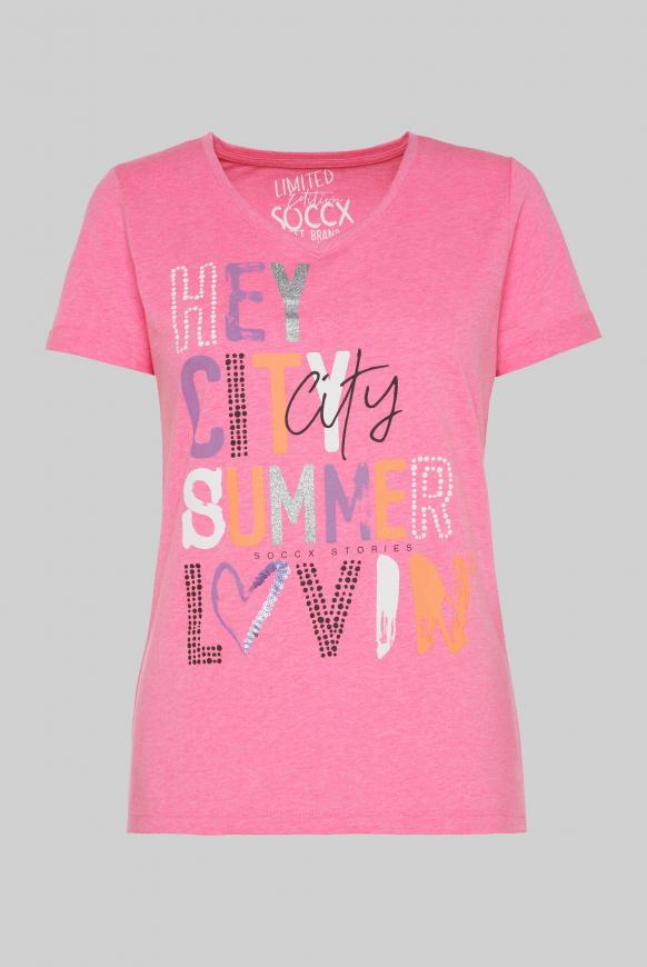 T-Shirt mit V-Neck und Wording Print
