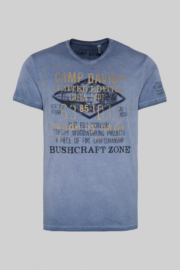T-Shirt mit Vintage Print und Used-Färbung blue grey