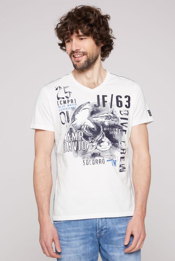 T-Shirt V-Neck mit Print Artwork ivory