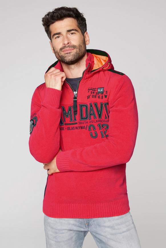 Troyer-Pullover im Materialmix mit Kapuze