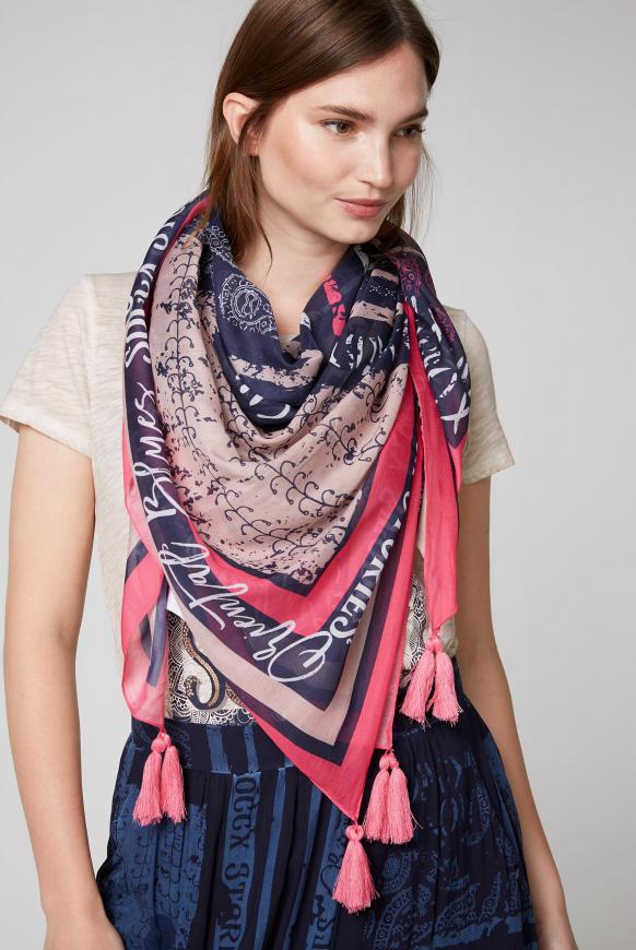 Tuch mit Ornament-Print und Pompoms