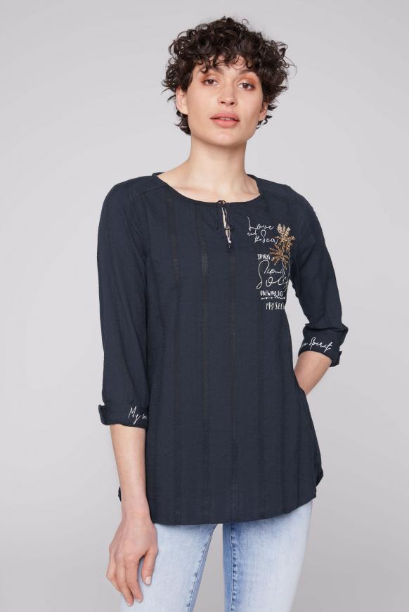Tunika-Bluse mit Webstreifen und Artwork