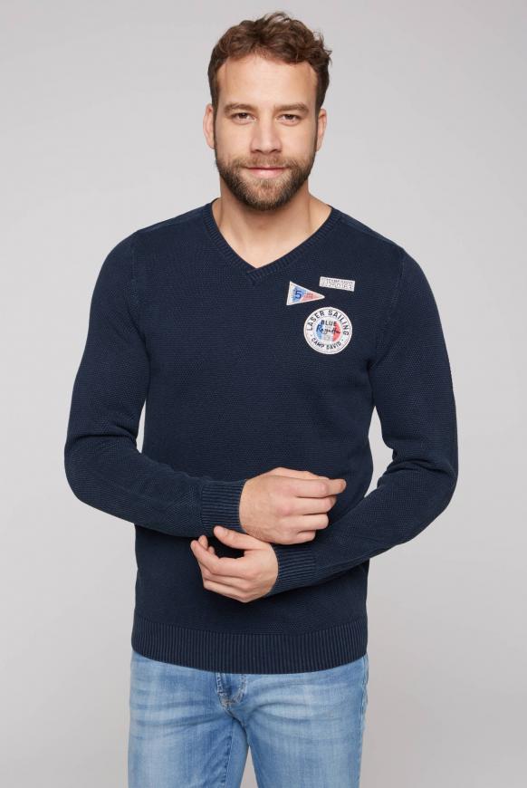 V-Pullover mit Strickmuster und Patches blue navy
