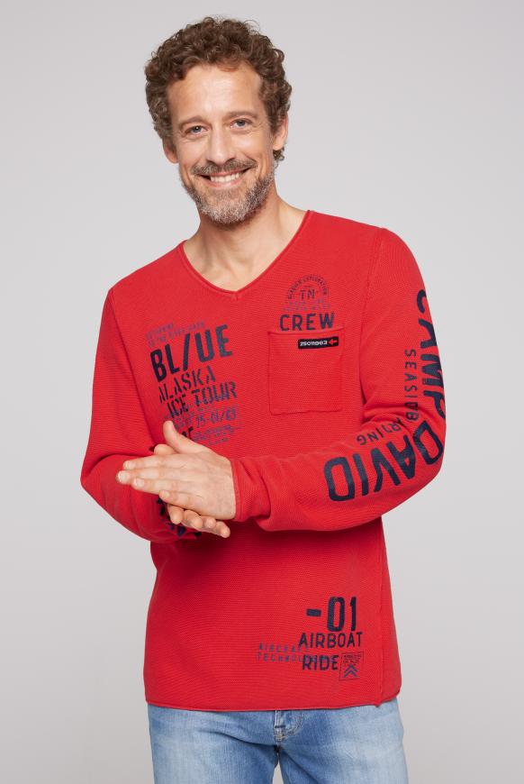 V-Pullover mit Used Look mission red