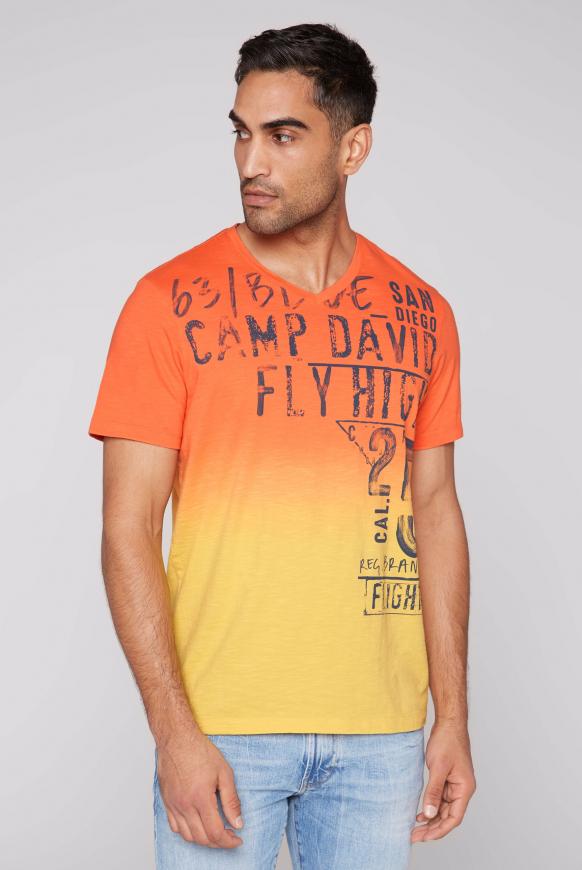 V-Shirt Dip Dye mit Used Print yellow sun / red sun