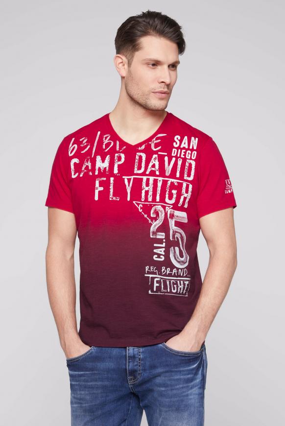 V-Shirt Dip Dye mit Used Print red sun / reef blue