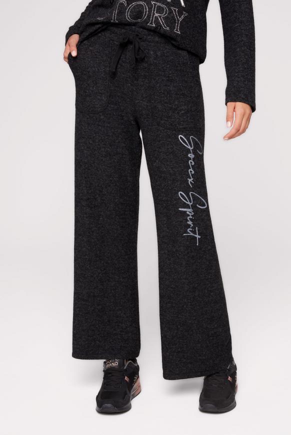 Weite Hose aus Strickfleece mit Logo black melange