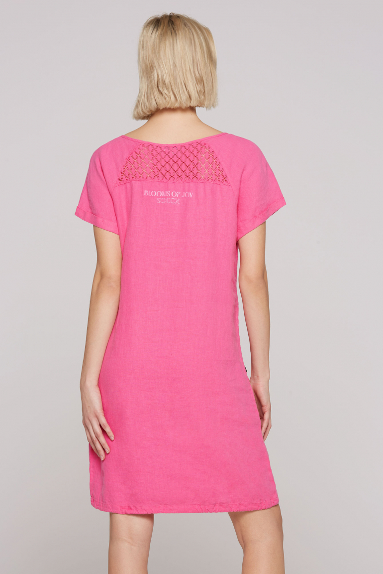 Ballonkleid aus Leinen mit Ajour-Details floral pink