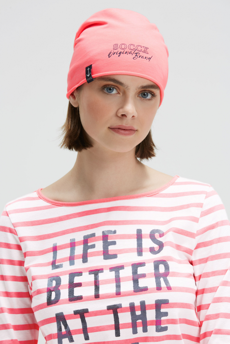 Beanie aus Jersey mit Logo Print neon pink