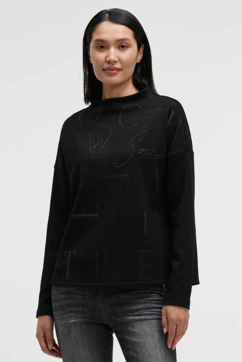 Boxy-Sweatshirt mit Print und Schmucksteinen black