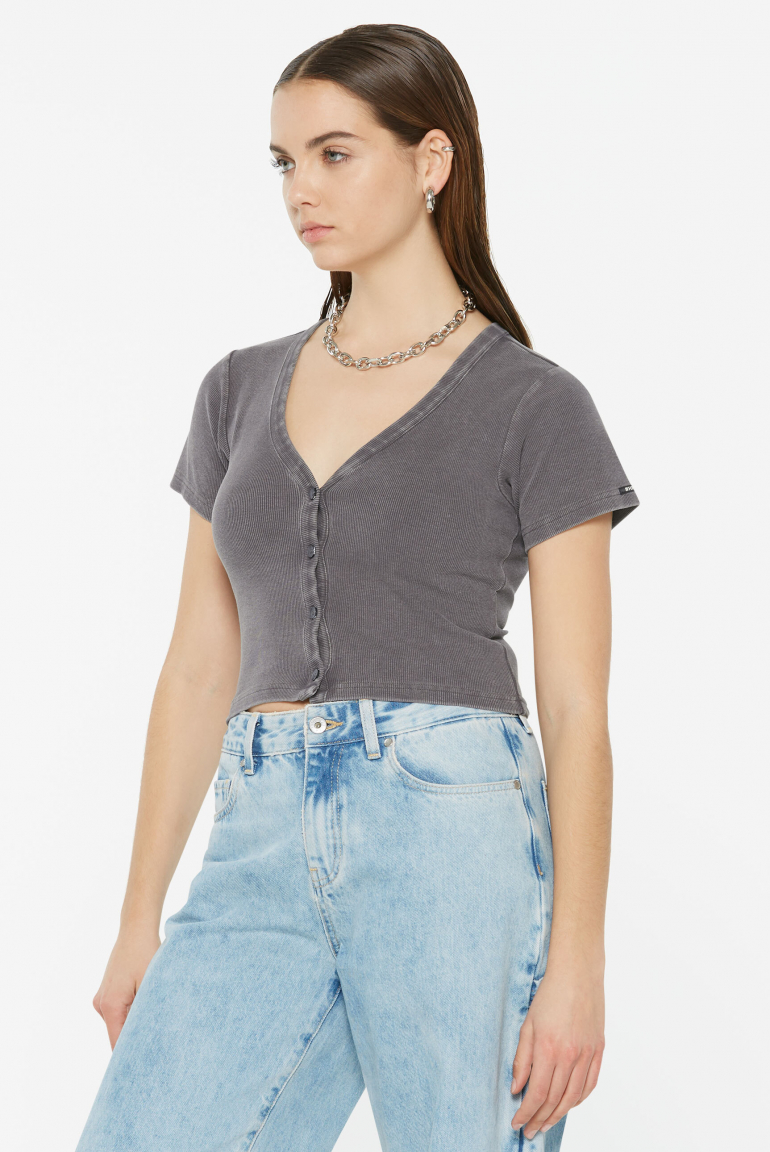 CLE-O Cropped Rib Cardigan asphalt