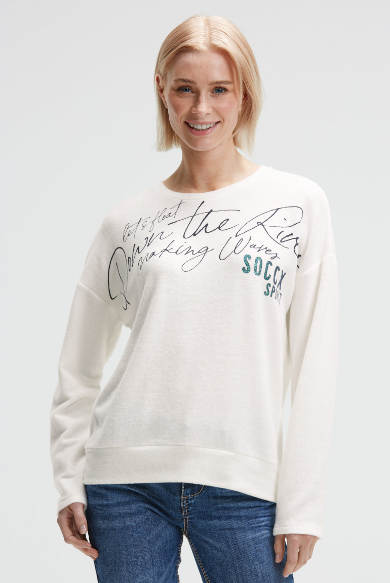 Flauschpullover mit Wording Print ivory
