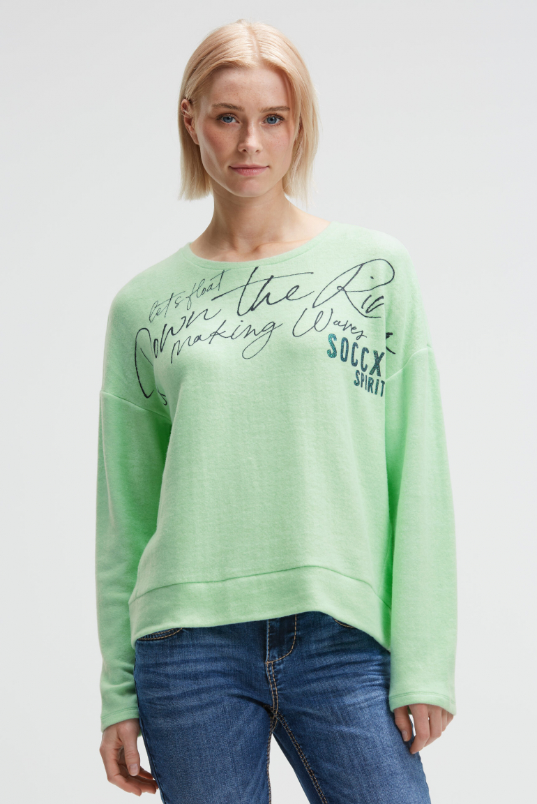 Flauschpullover mit Wording Print milky green