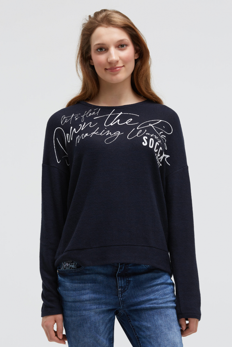 Flauschpullover mit Wording Print blue navy