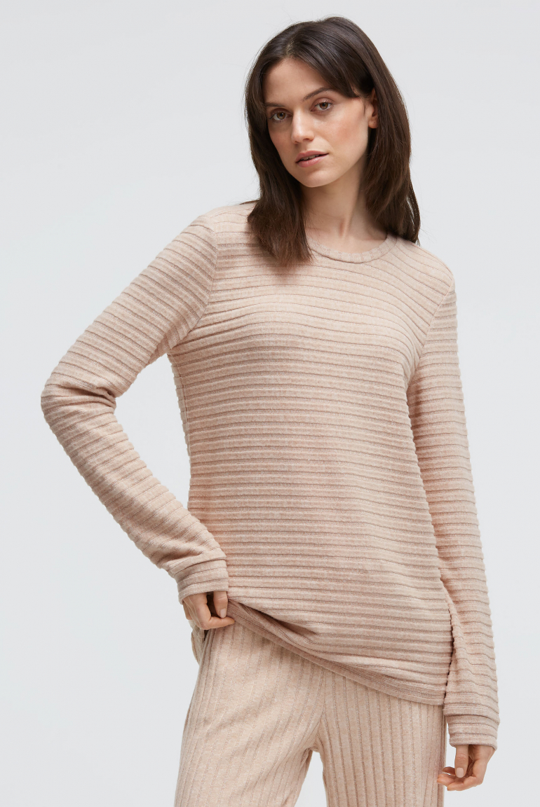 Flauschstrickpullover mit Rippstruktur und Gummizugsaum sand melange