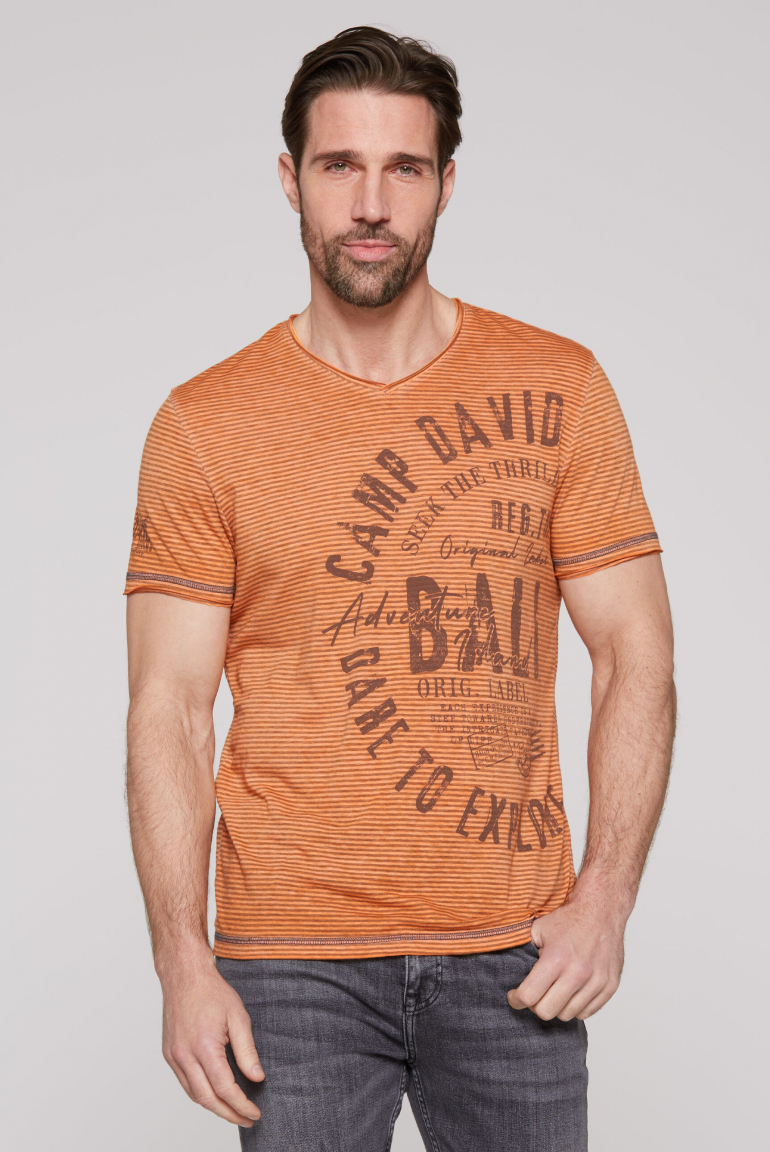 Gestreiftes Ausbrenner-Shirt mit V-Neck und Prints sunstone