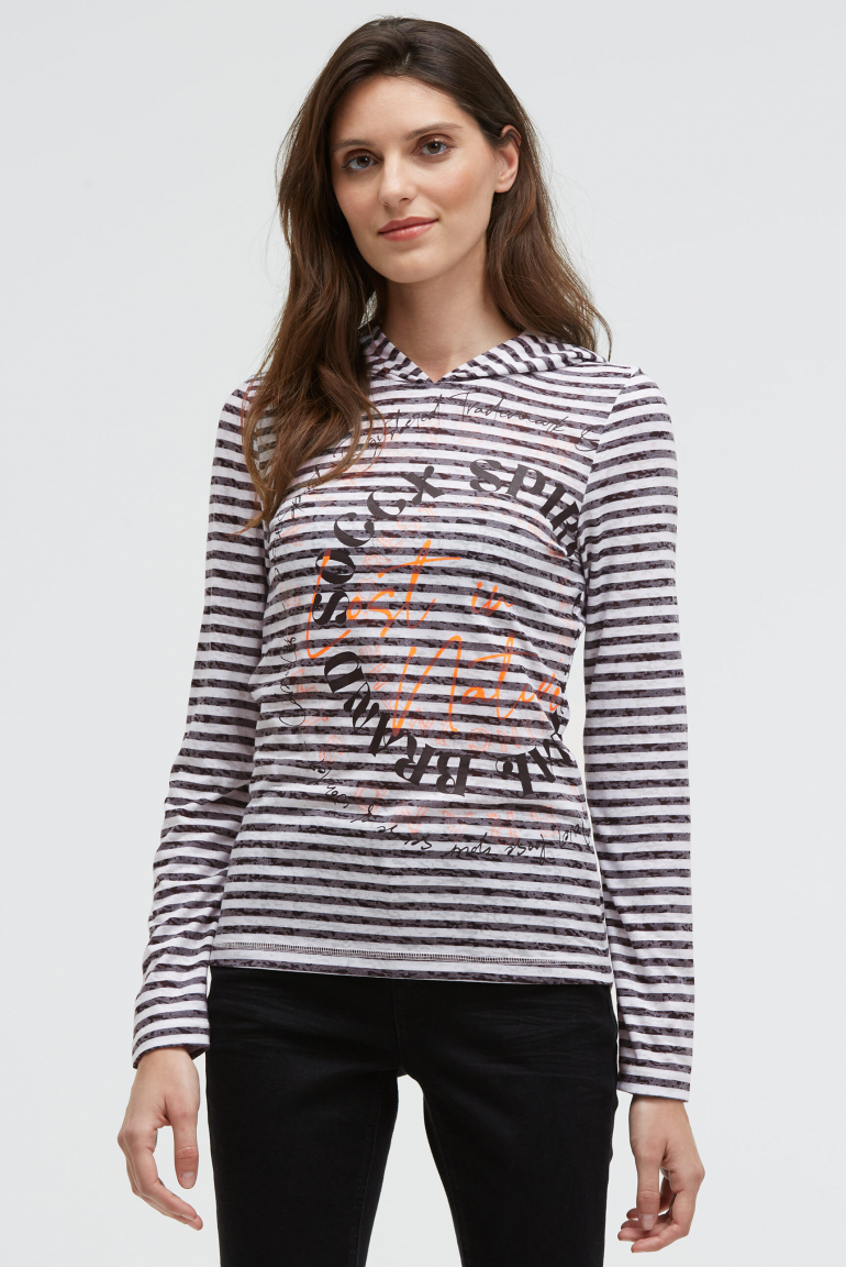 Gestreiftes Ausbrennershirt mit Kapuze und Artwork ivory / black