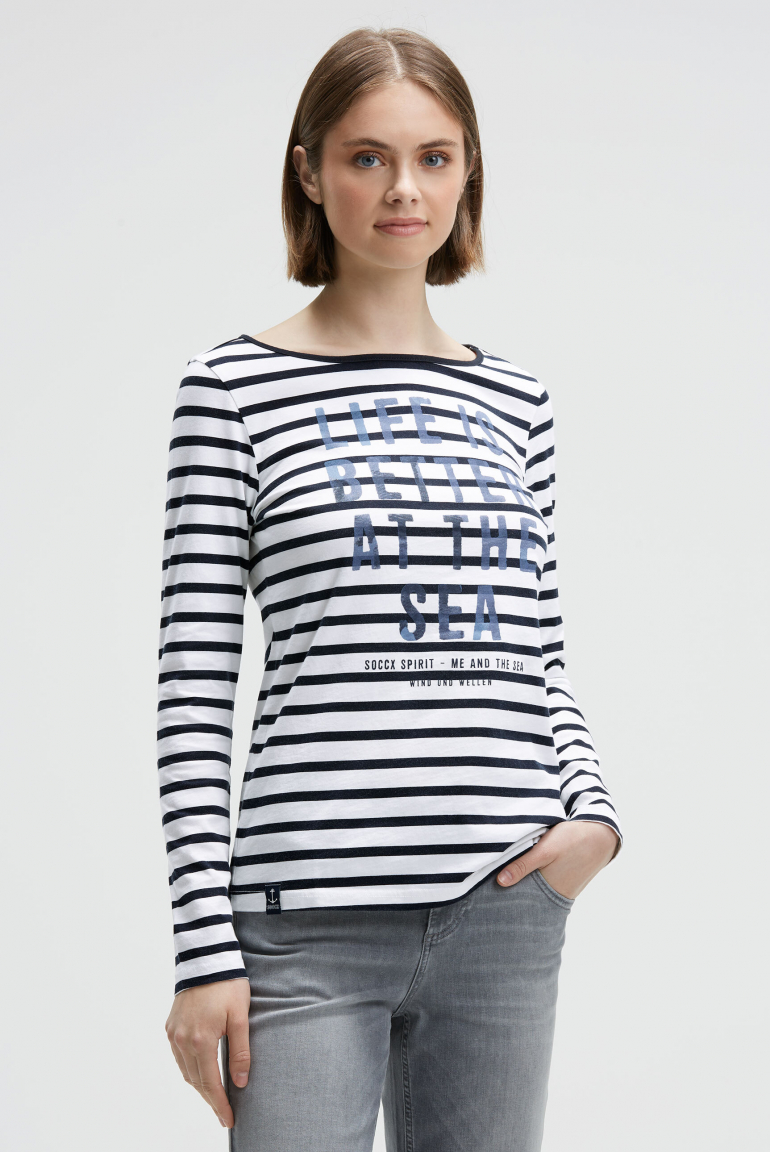 Gestreiftes Longsleeve mit U-Boot-Ausschnitt und Print blue navy